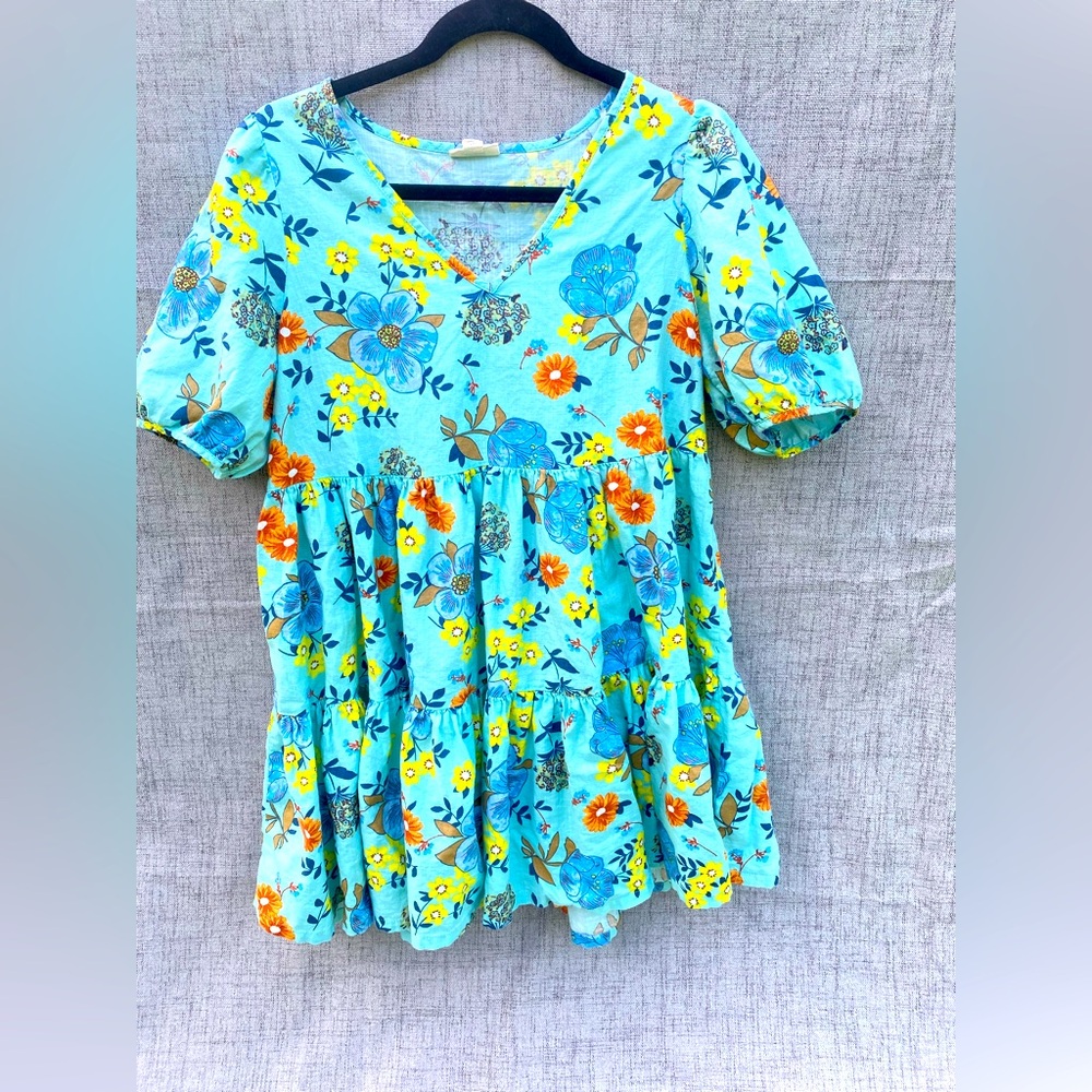 a.n.a Blue Turquoise Puff Sleeve V-Neck Sundress